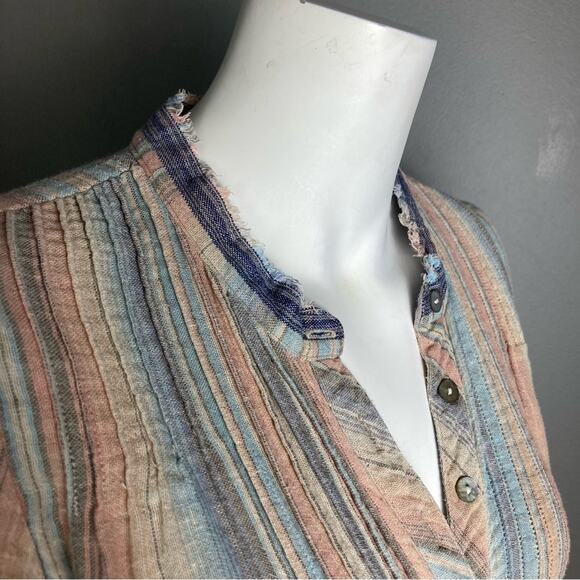 Faherty top small button up peasant madras pastel linen rainbow beachy Baja - Picture 4 of 10